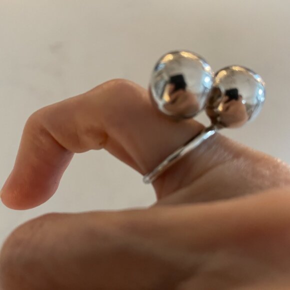 Vintage Sterling Silver 925 Stamped Boho Modernist Double Ball Adj Ring Sz OS - Picture 3 of 12